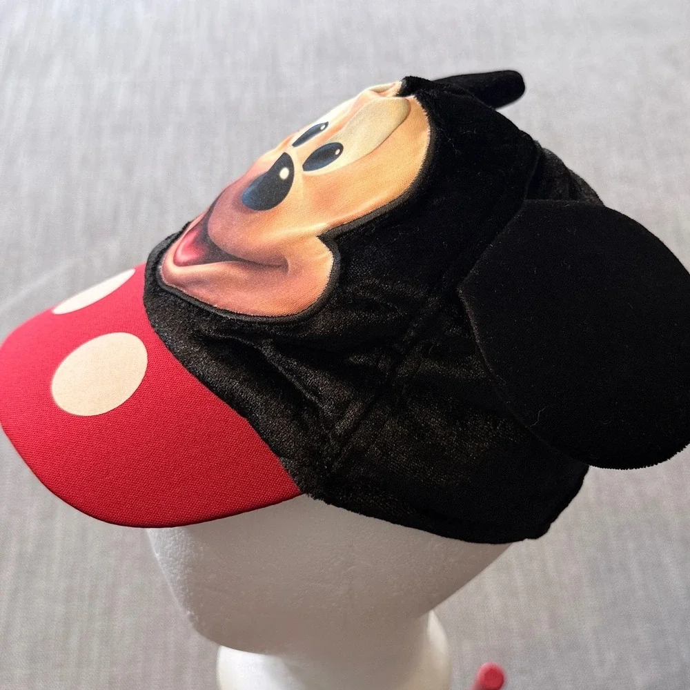 Disney Mickey Mouse Character Hat‎ Black Velvet Plush Ears Red Brim Kids Youth
